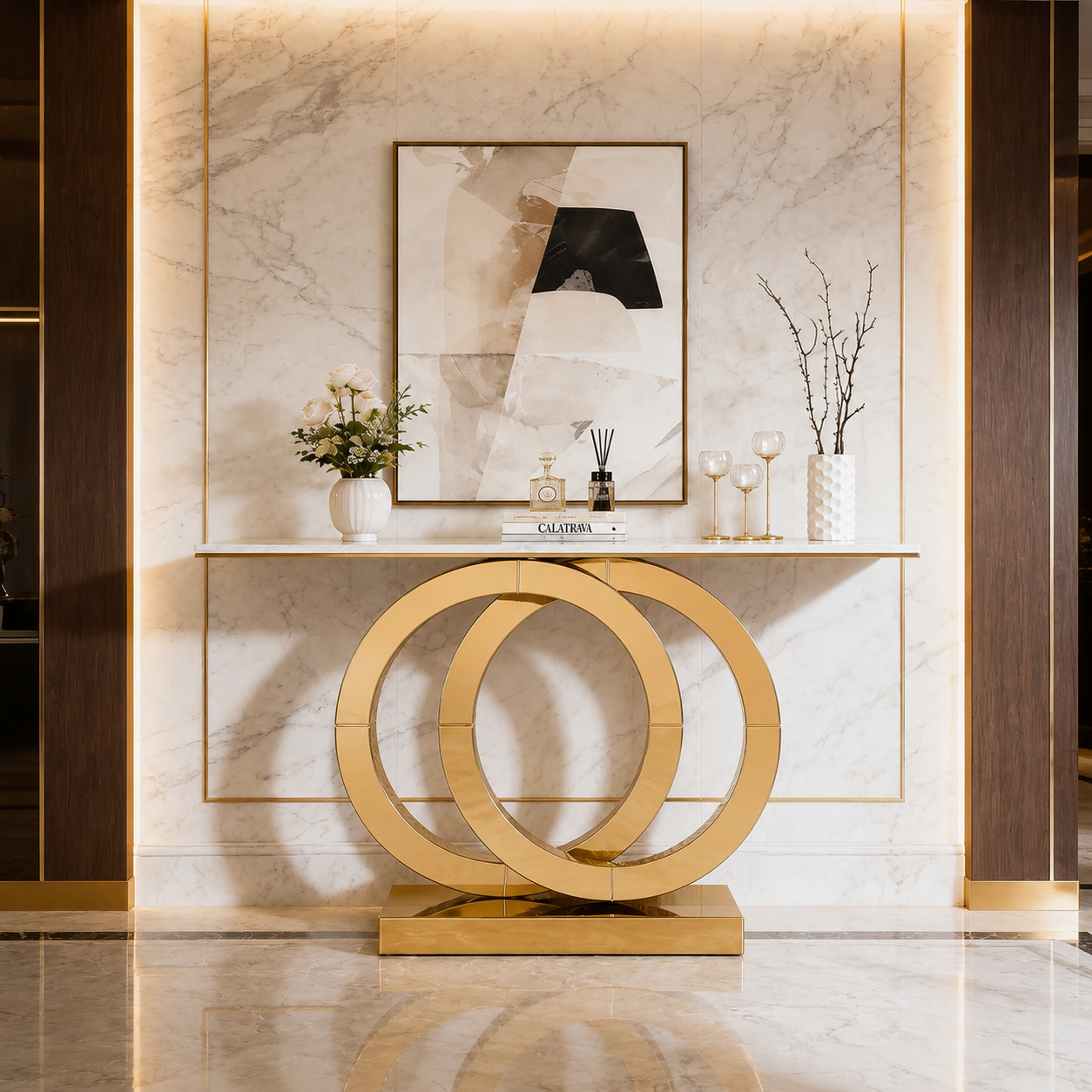 Gold SS Double Ring Console Table with Marble Top