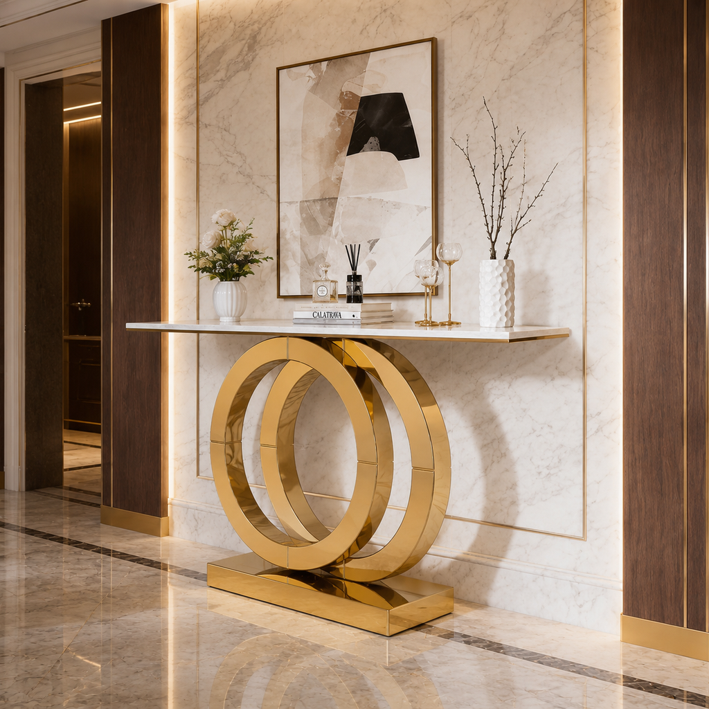 Gold SS Double Ring Console Table with Marble Top