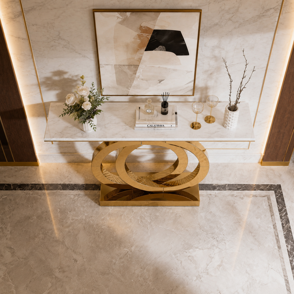 Gold SS Double Ring Console Table with Marble Top