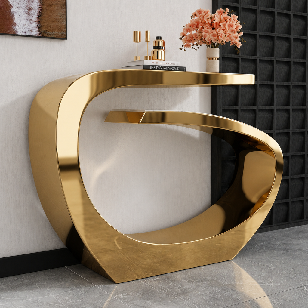 Contemporary Gold Stainless Steel Console Table with Curved Infinity Loop Base