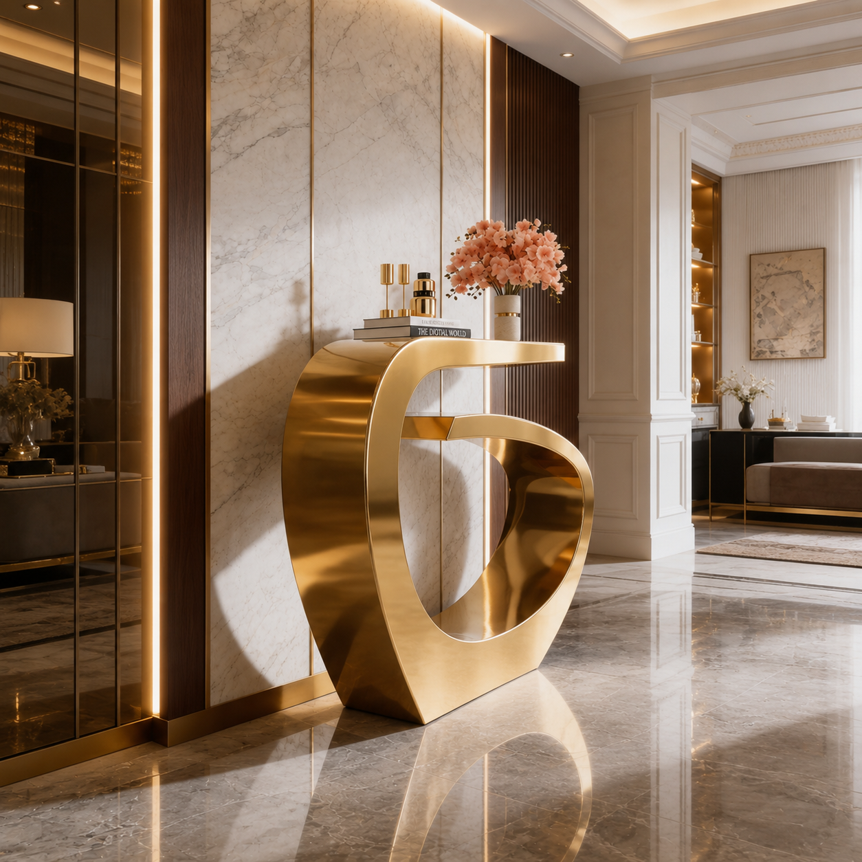 Contemporary Gold Stainless Steel Console Table with Curved Infinity Loop Base