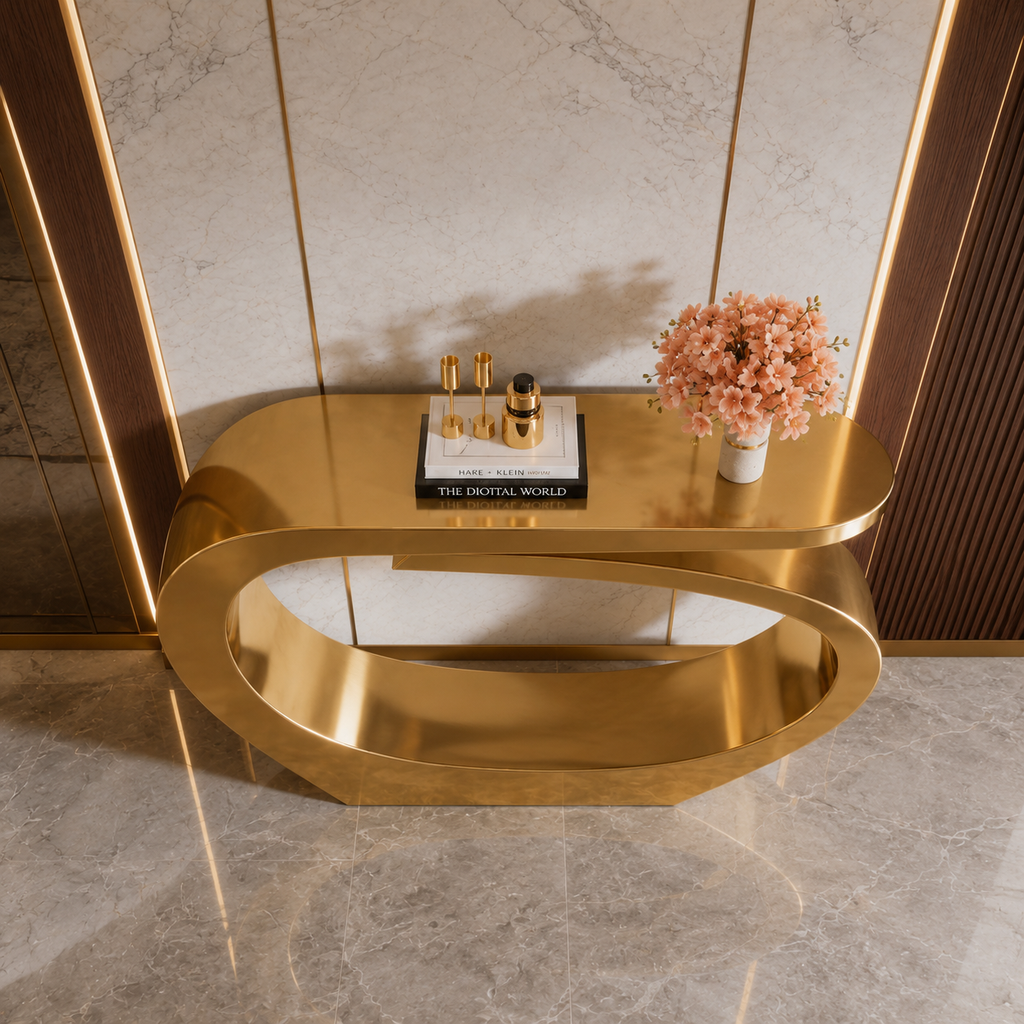 Contemporary Gold Stainless Steel Console Table with Curved Infinity Loop Base