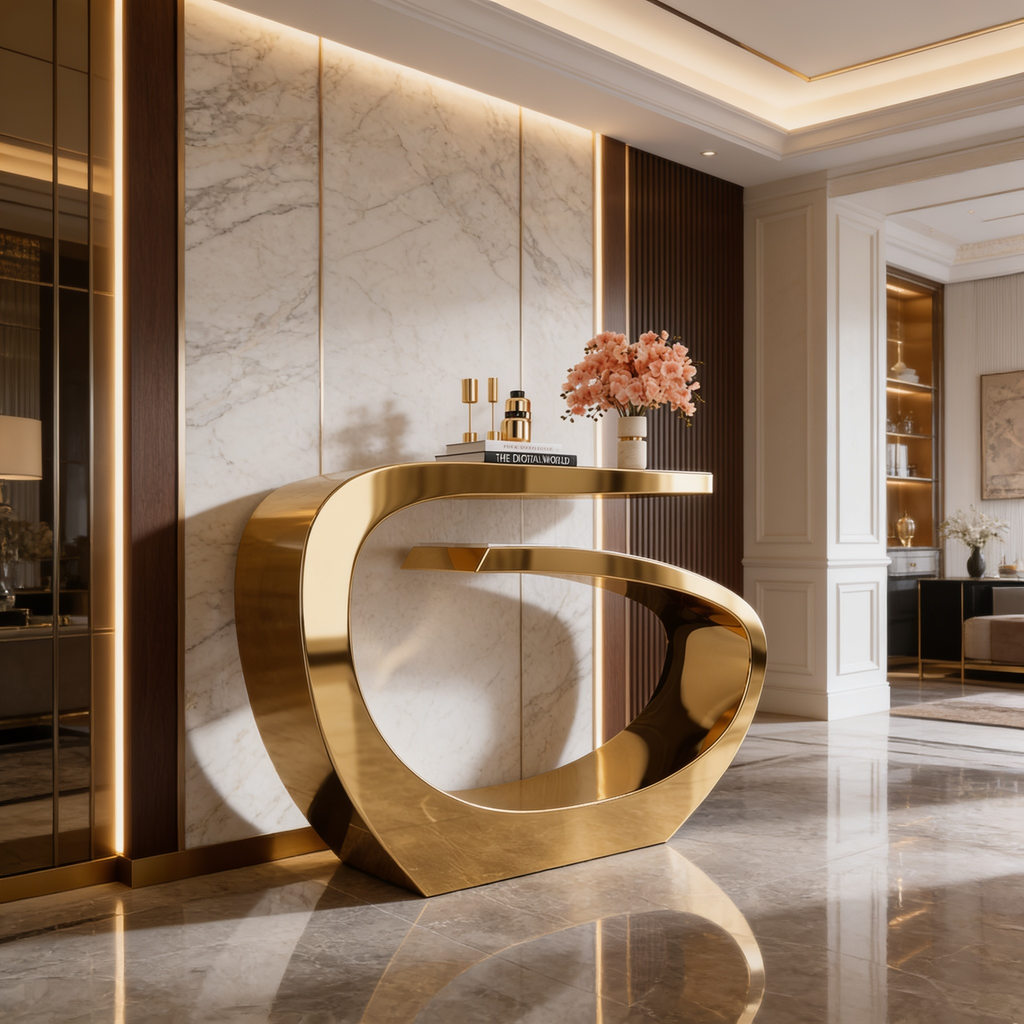 Contemporary Gold Stainless Steel Console Table with Curved Infinity Loop Base
