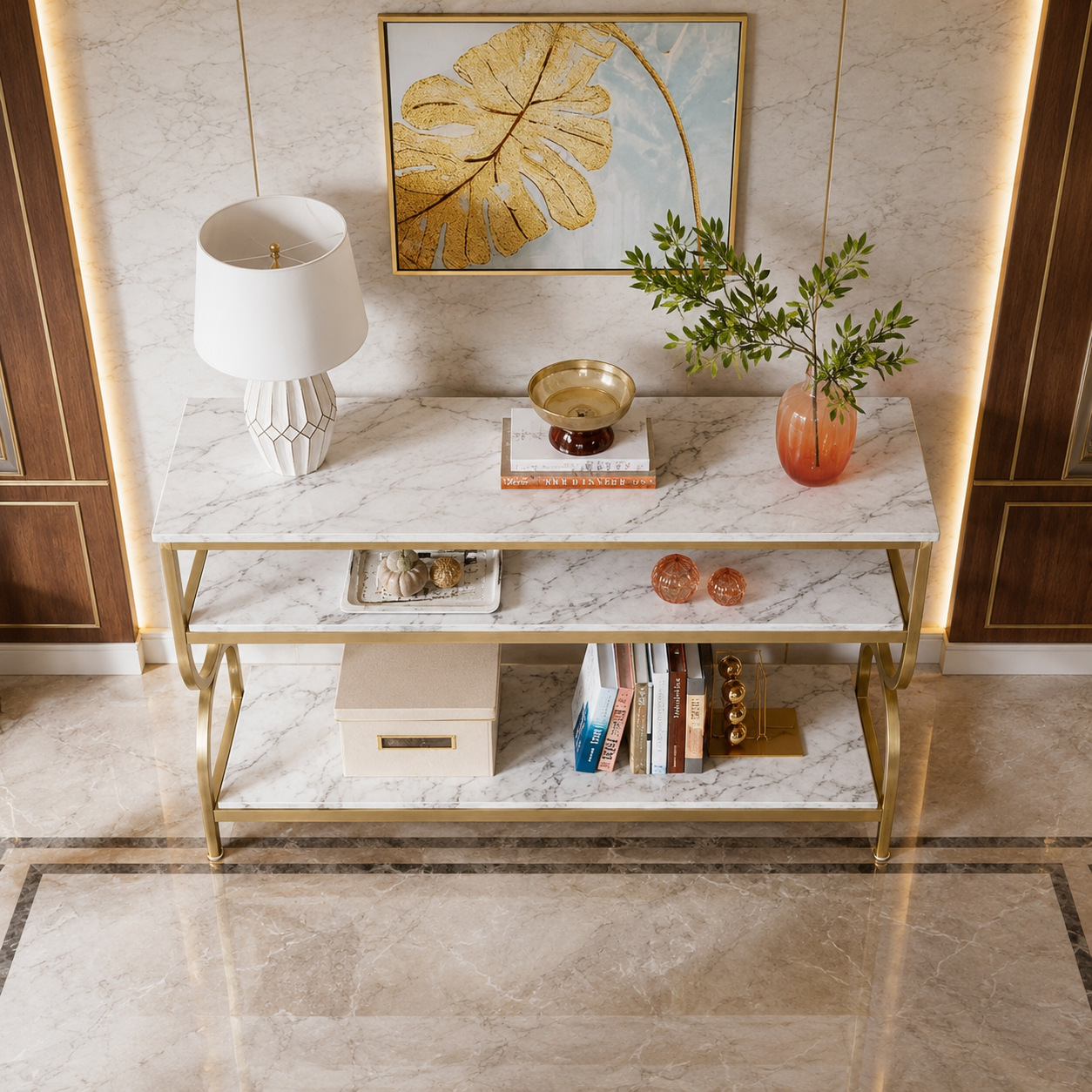 Premium Gold Stainless Steel Multi-Layer Console Table – Marble Top