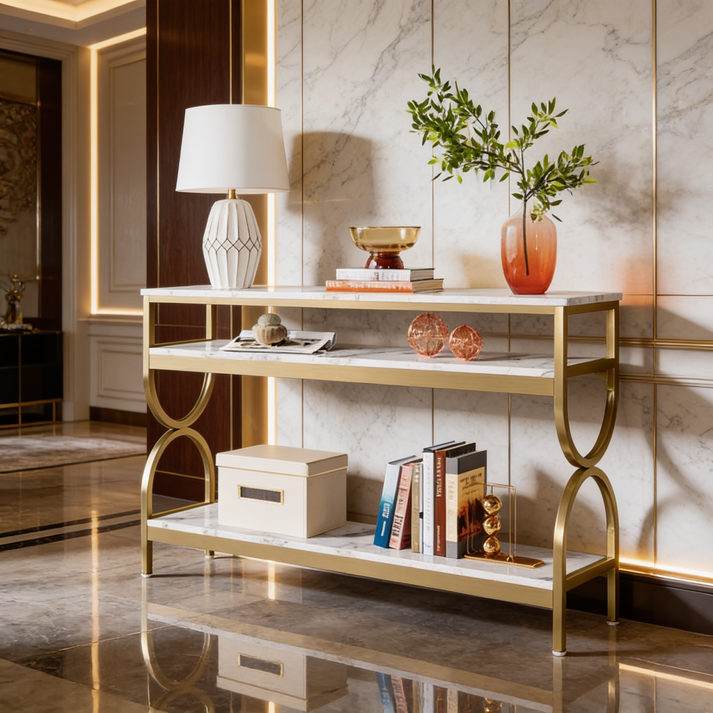 Premium Gold Stainless Steel Multi-Layer Console Table – Marble Top
