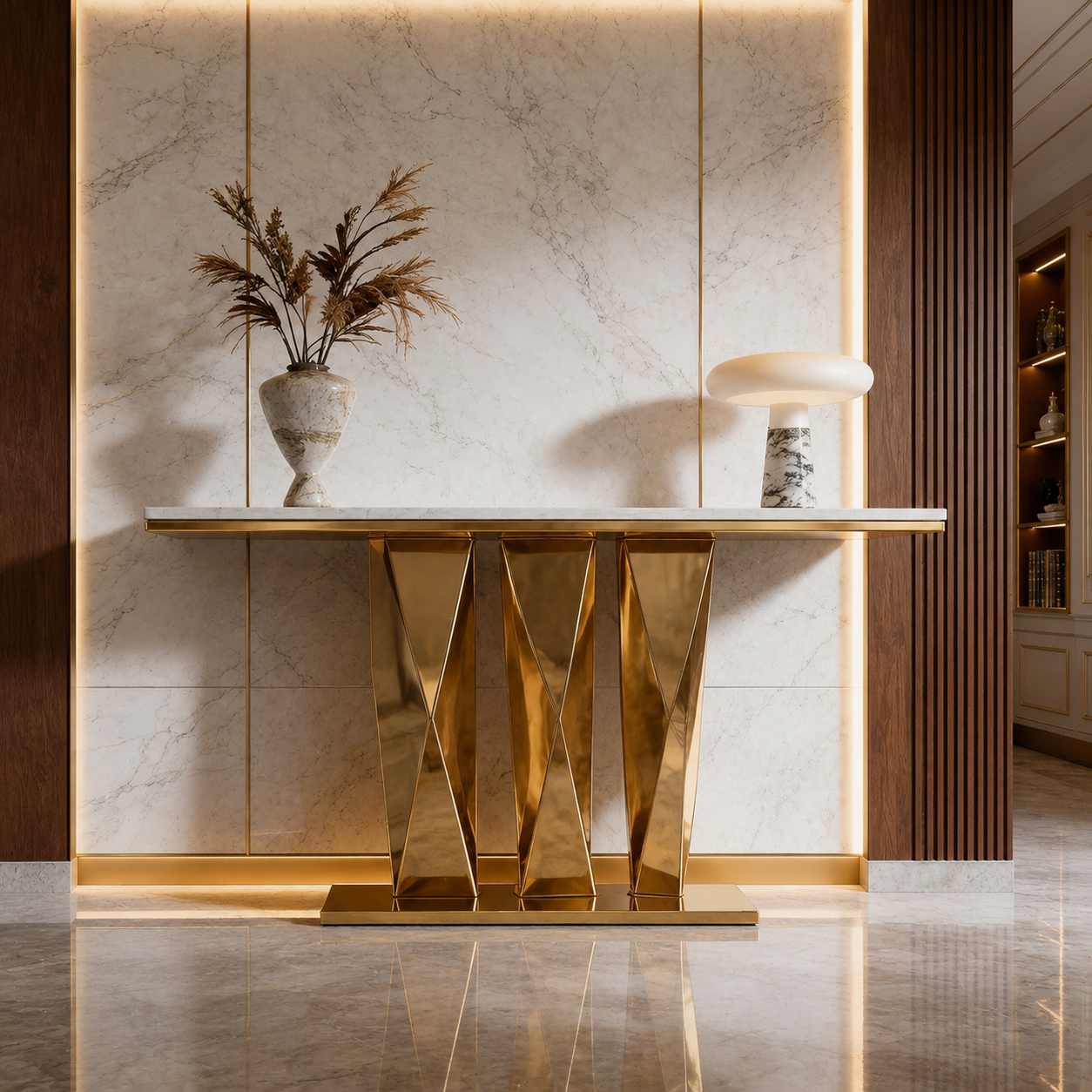 Contemporary Gold Stainless Steel Console Table with Zigzag Geometric Base