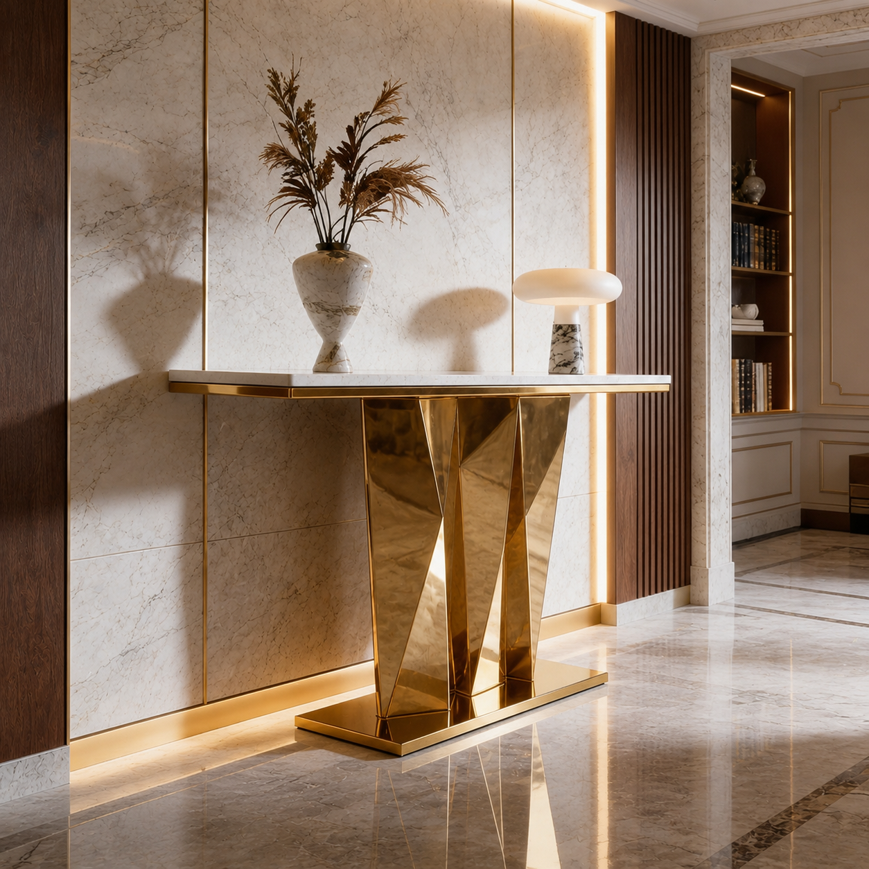 Contemporary Gold Stainless Steel Console Table with Zigzag Geometric Base