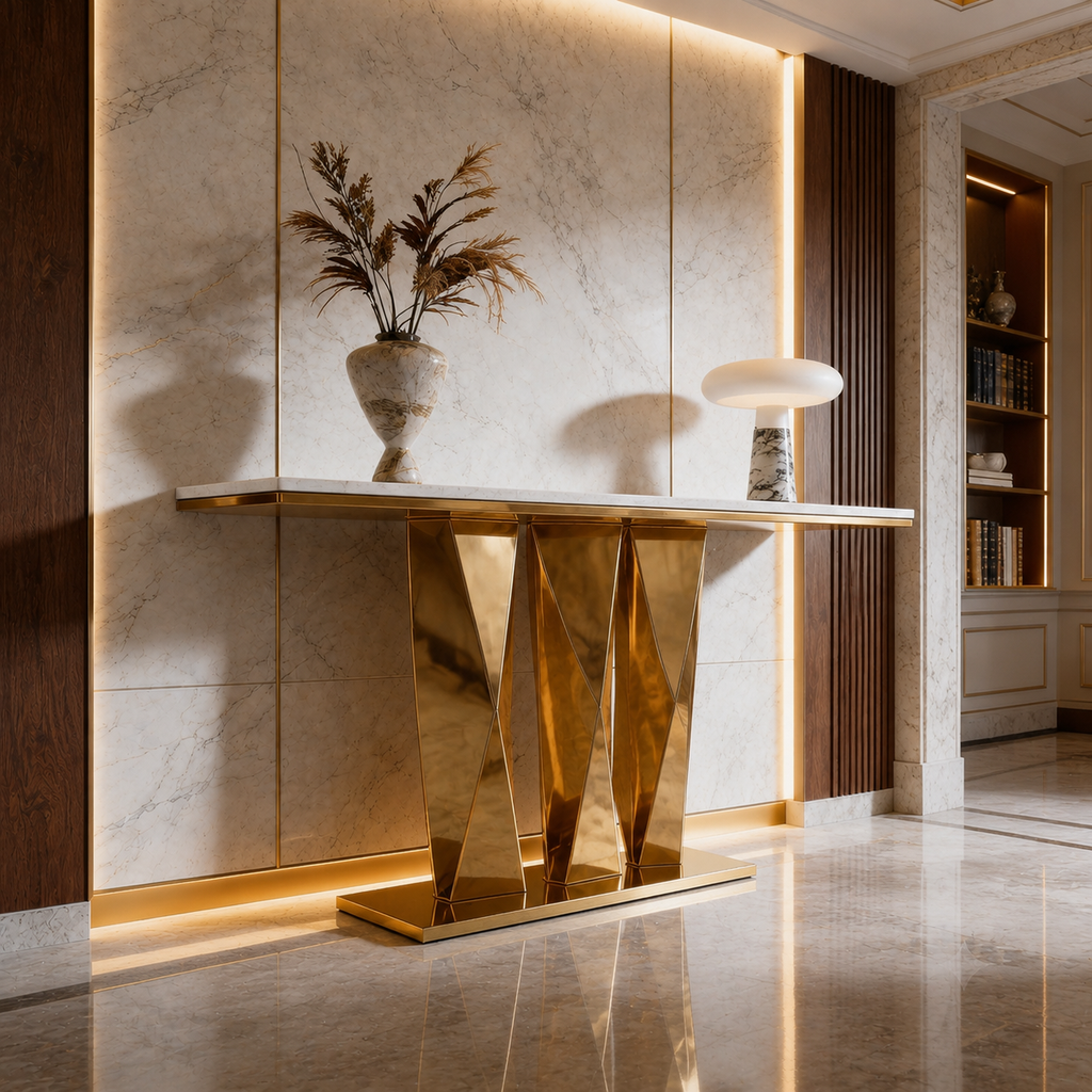 Contemporary Gold Stainless Steel Console Table with Zigzag Geometric Base