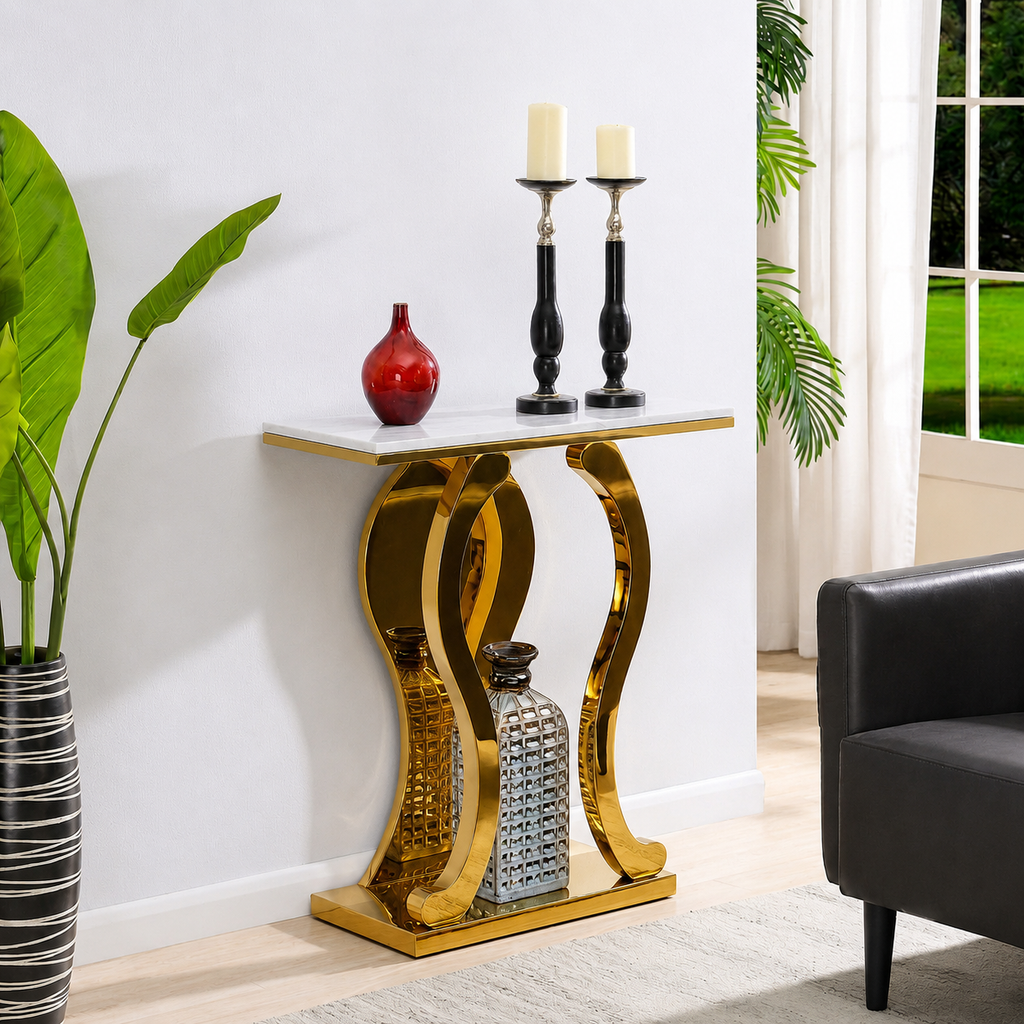 Premium Gold Stainless Steel Harp-Shape Console Table – Marble Top