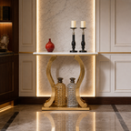 Premium Gold Stainless Steel Harp-Shape Console Table – Marble Top