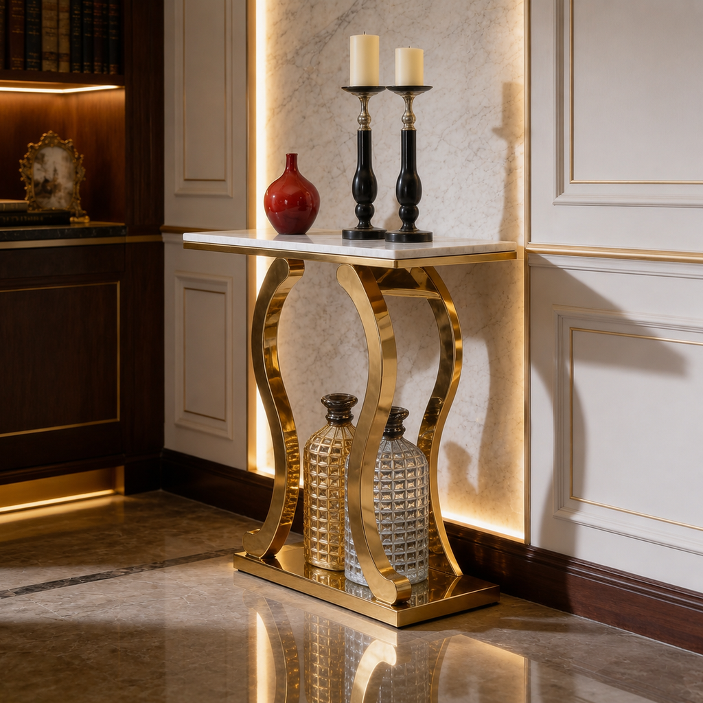 Premium Gold Stainless Steel Harp-Shape Console Table – Marble Top
