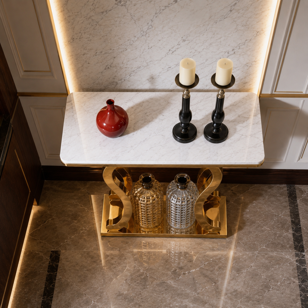 Premium Gold Stainless Steel Harp-Shape Console Table – Marble Top