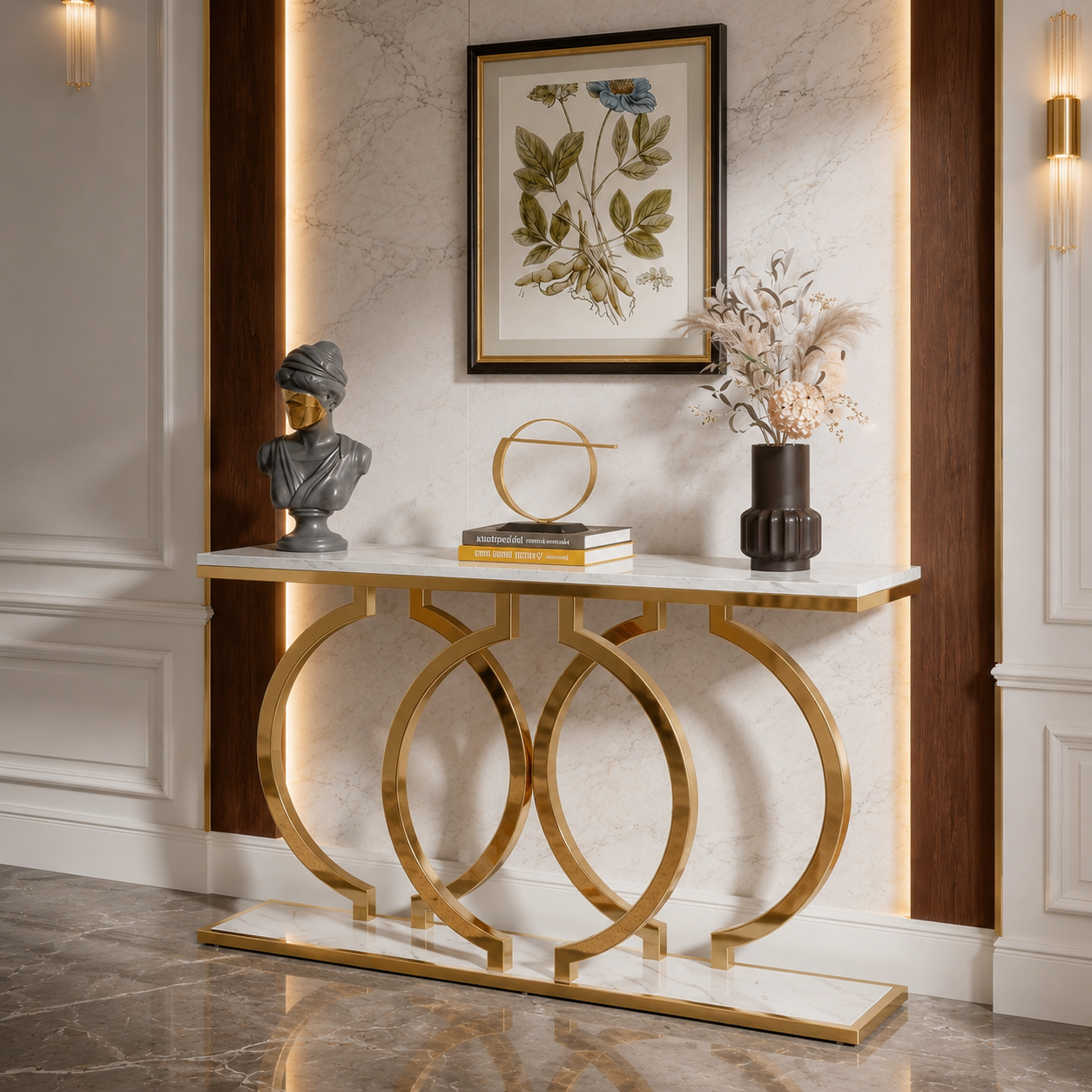 Modern 3-Ring Geometric Gold SS Entryway Table with Marble Top