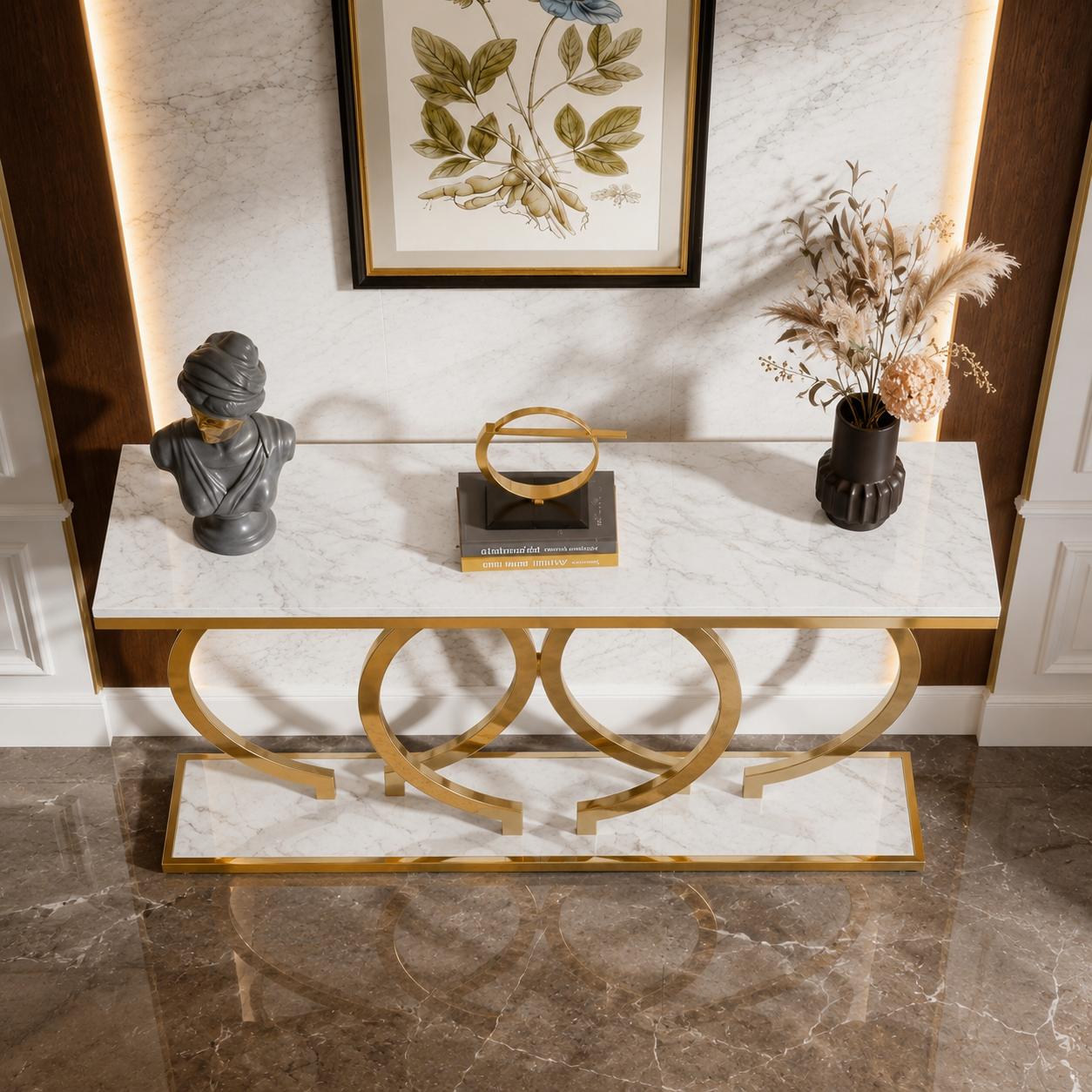 Modern 3-Ring Geometric Gold SS Entryway Table with Marble Top