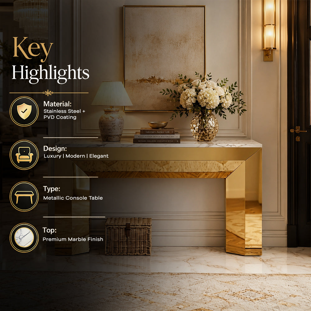 Luxury Block Frame Gold SS Console Table with Marble Top
