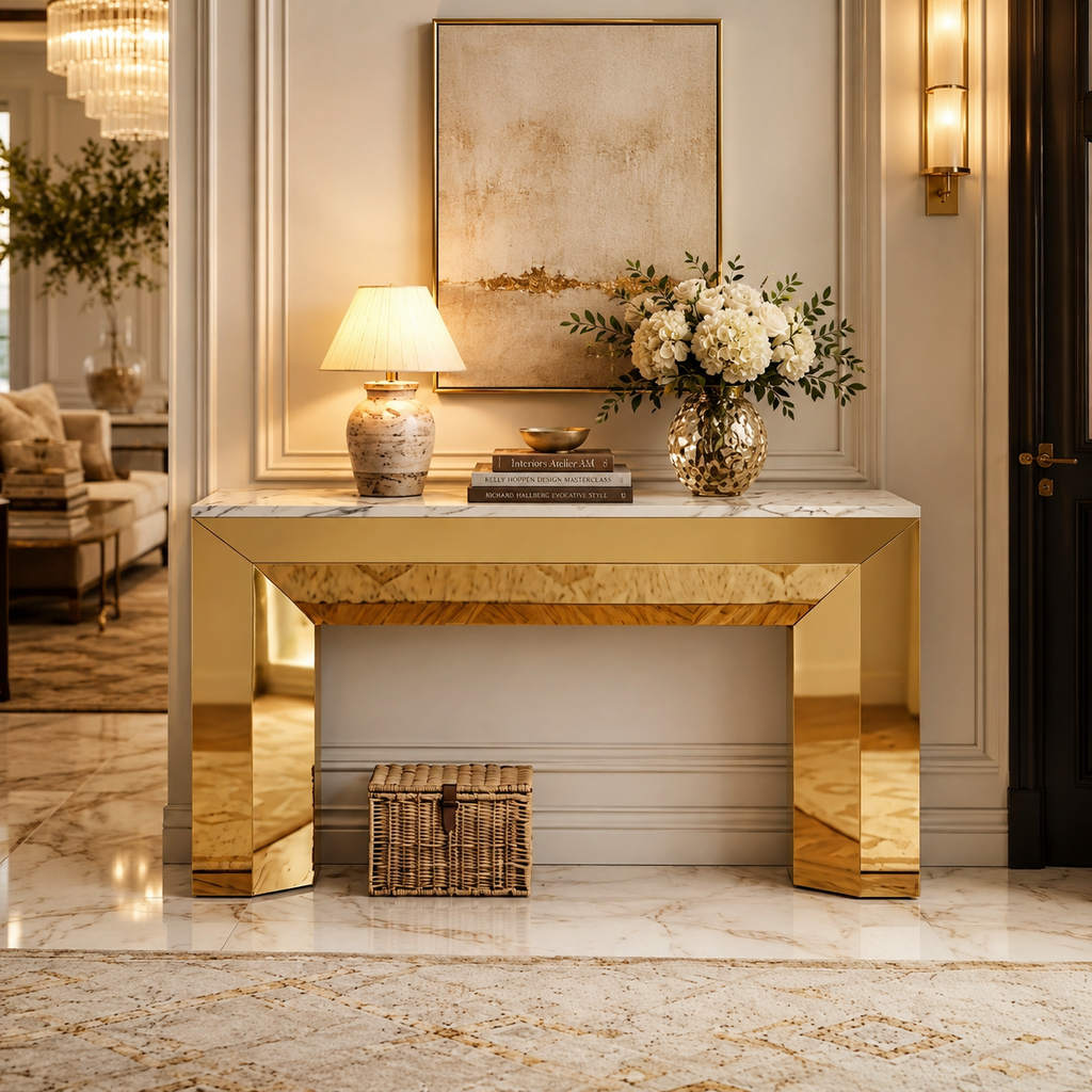 Luxury Block Frame Gold SS Console Table with Marble Top
