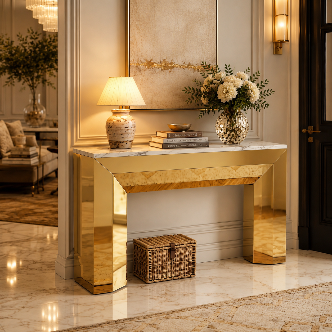 Luxury Block Frame Gold SS Console Table with Marble Top