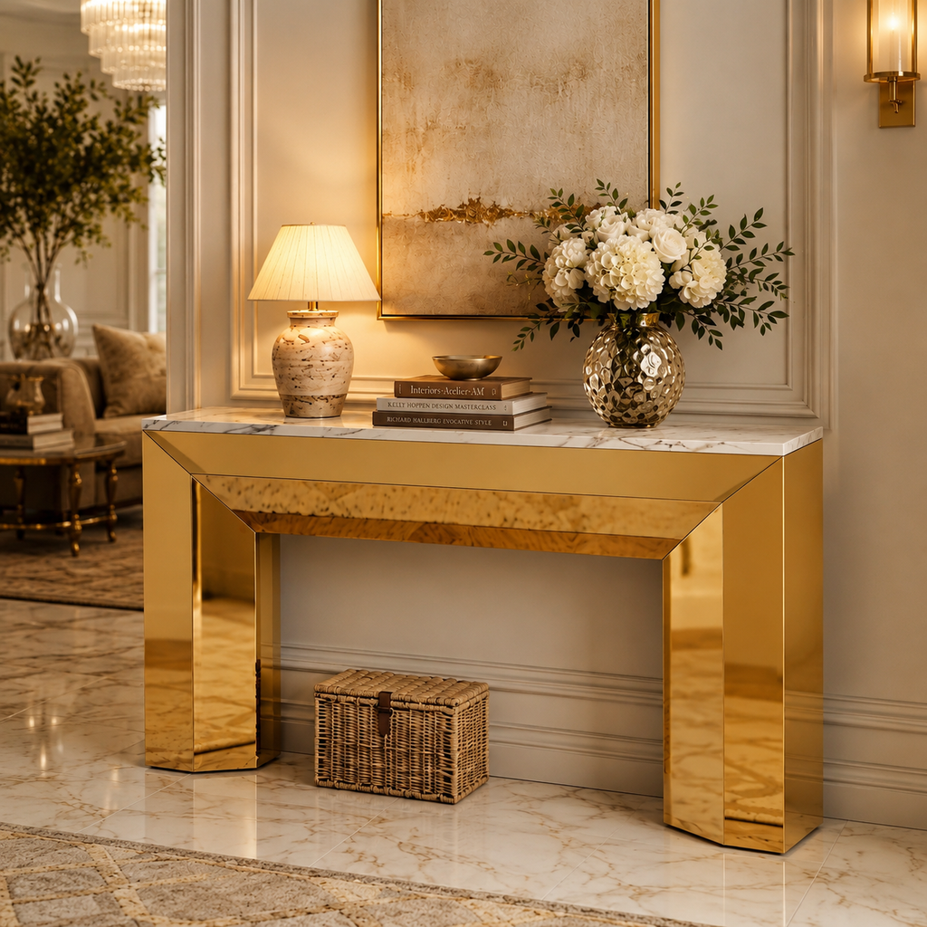 Luxury Block Frame Gold SS Console Table with Marble Top
