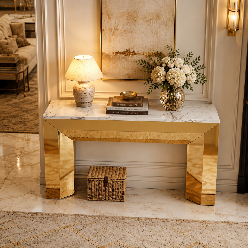 Luxury Block Frame Gold SS Console Table with Marble Top