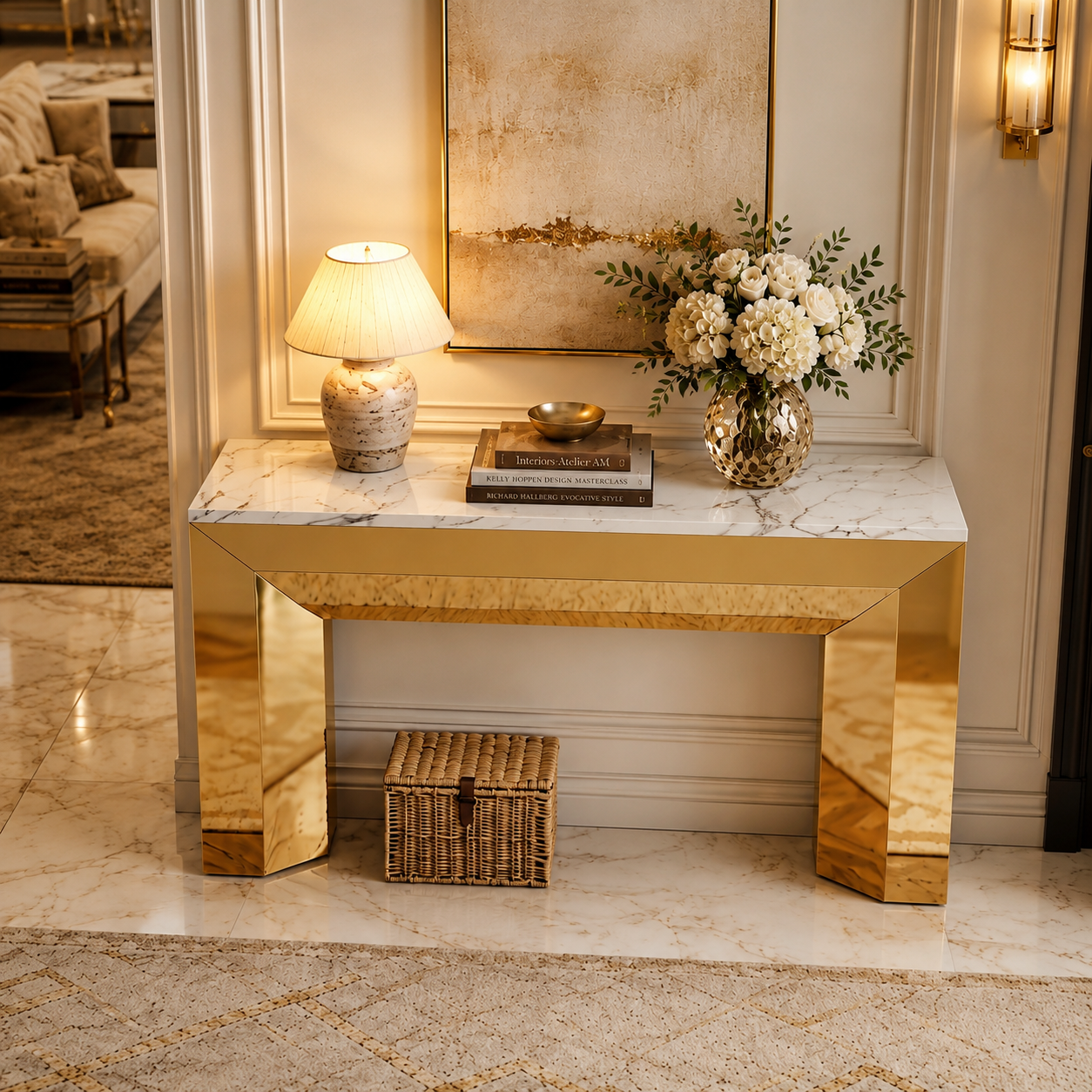 Luxury Block Frame Gold SS Console Table with Marble Top