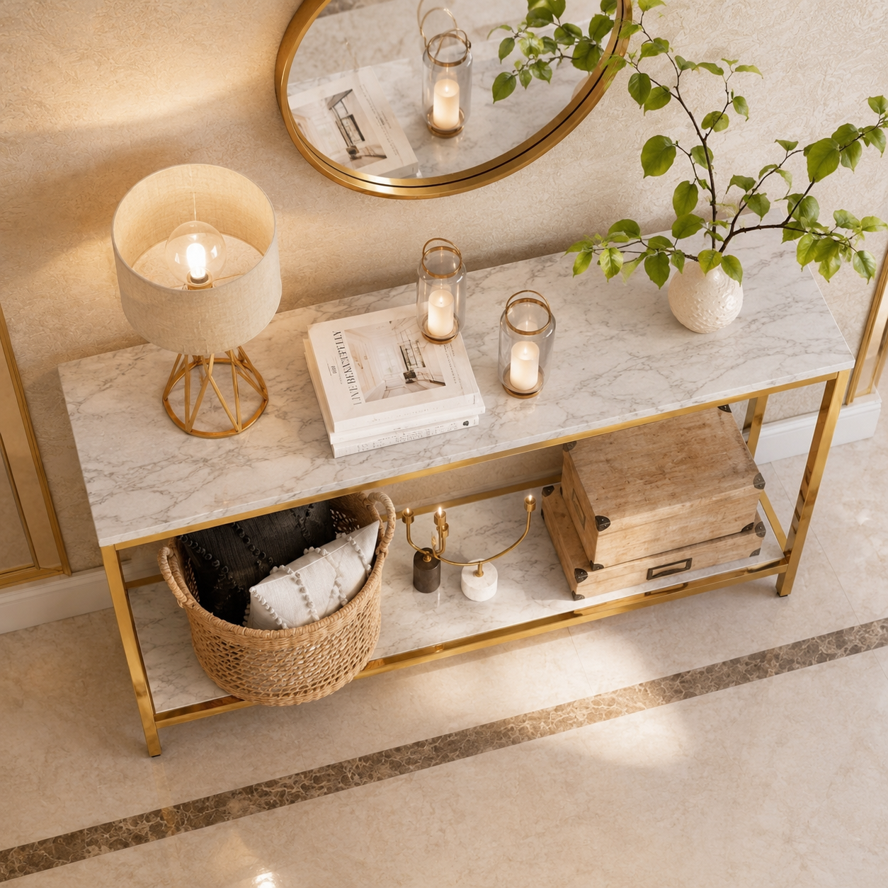 Contemporary Gold Stainless Steel Slim Rectangular Console Table