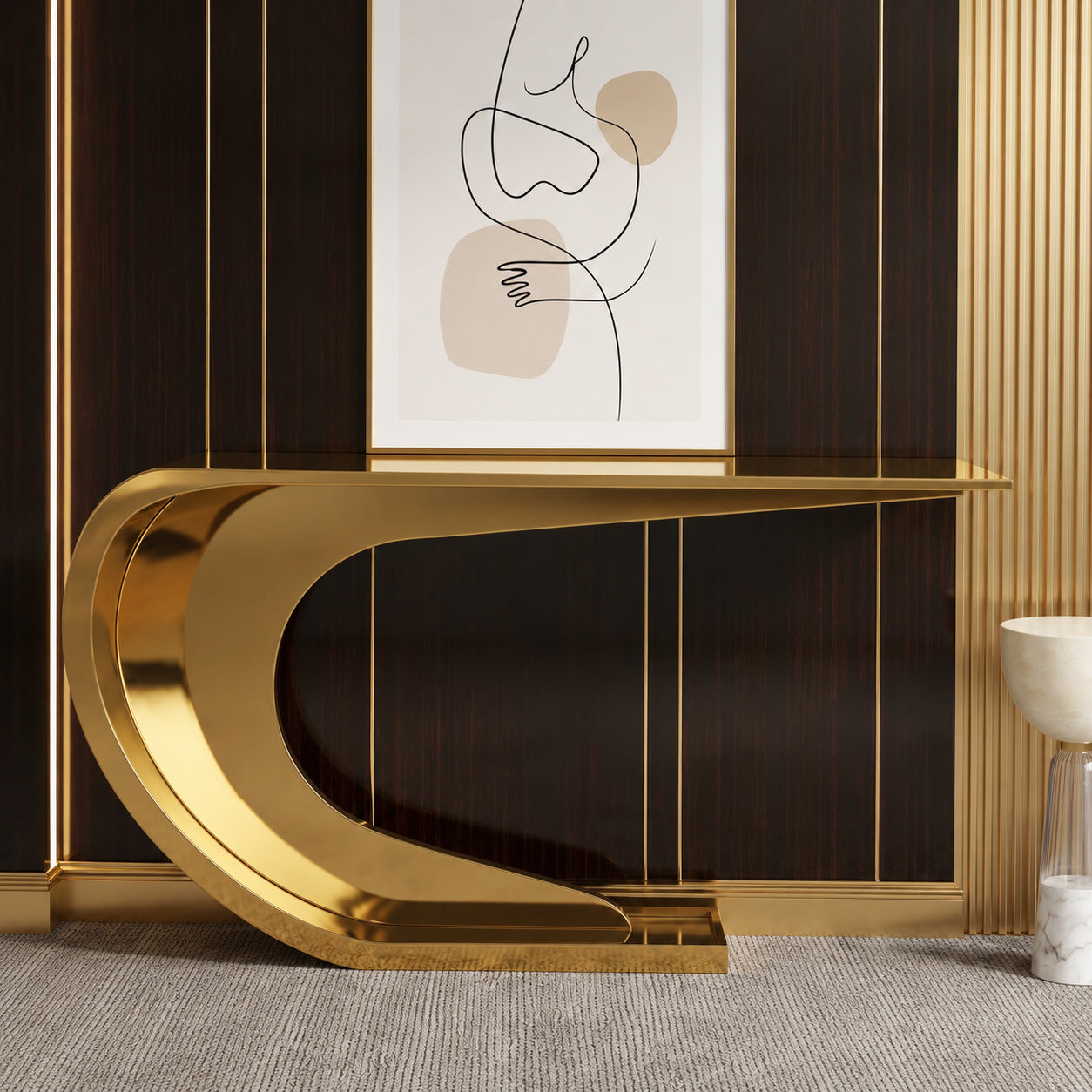 Elegant Gold Metal Cantilevered Swirl Luxury Statement Console Table