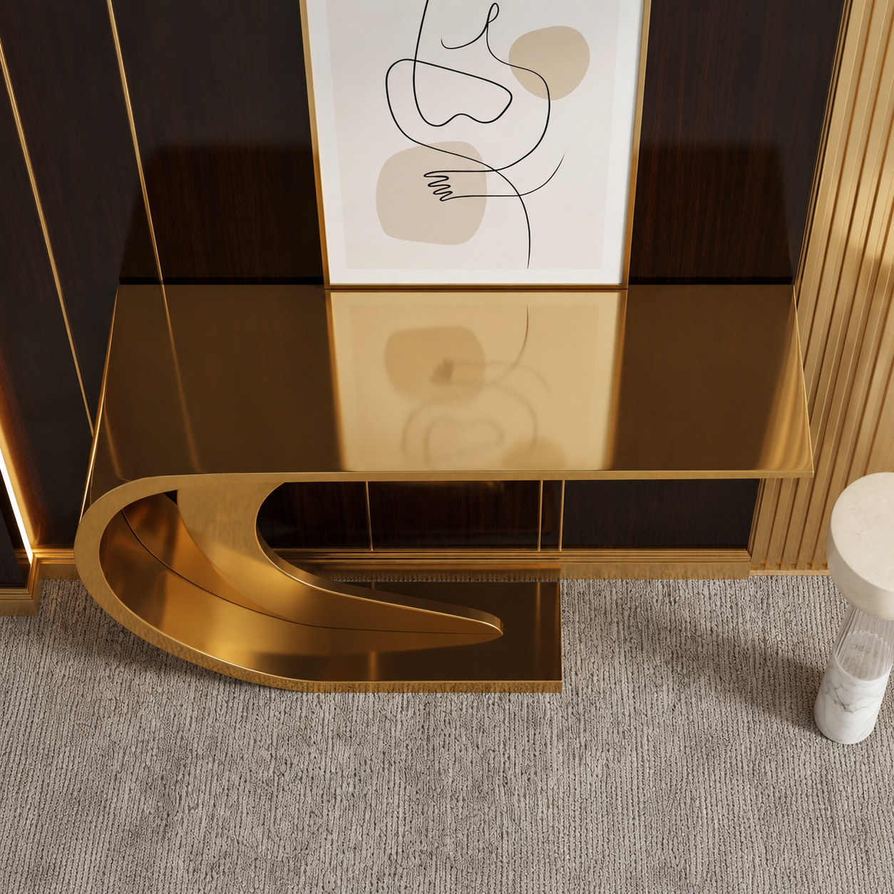 Elegant Gold Metal Cantilevered Swirl Luxury Statement Console Table