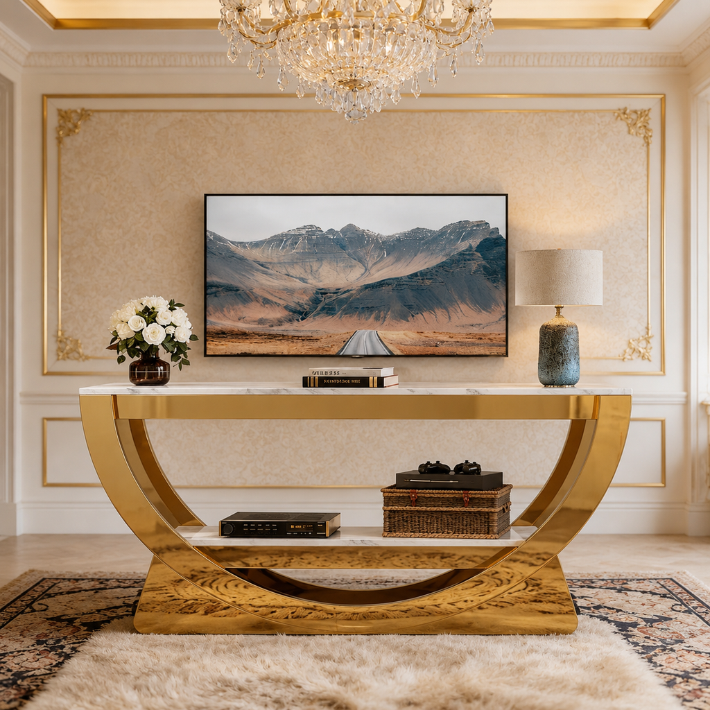 Contemporary Gold Stainless Steel Curved Boat-Base Console Table
