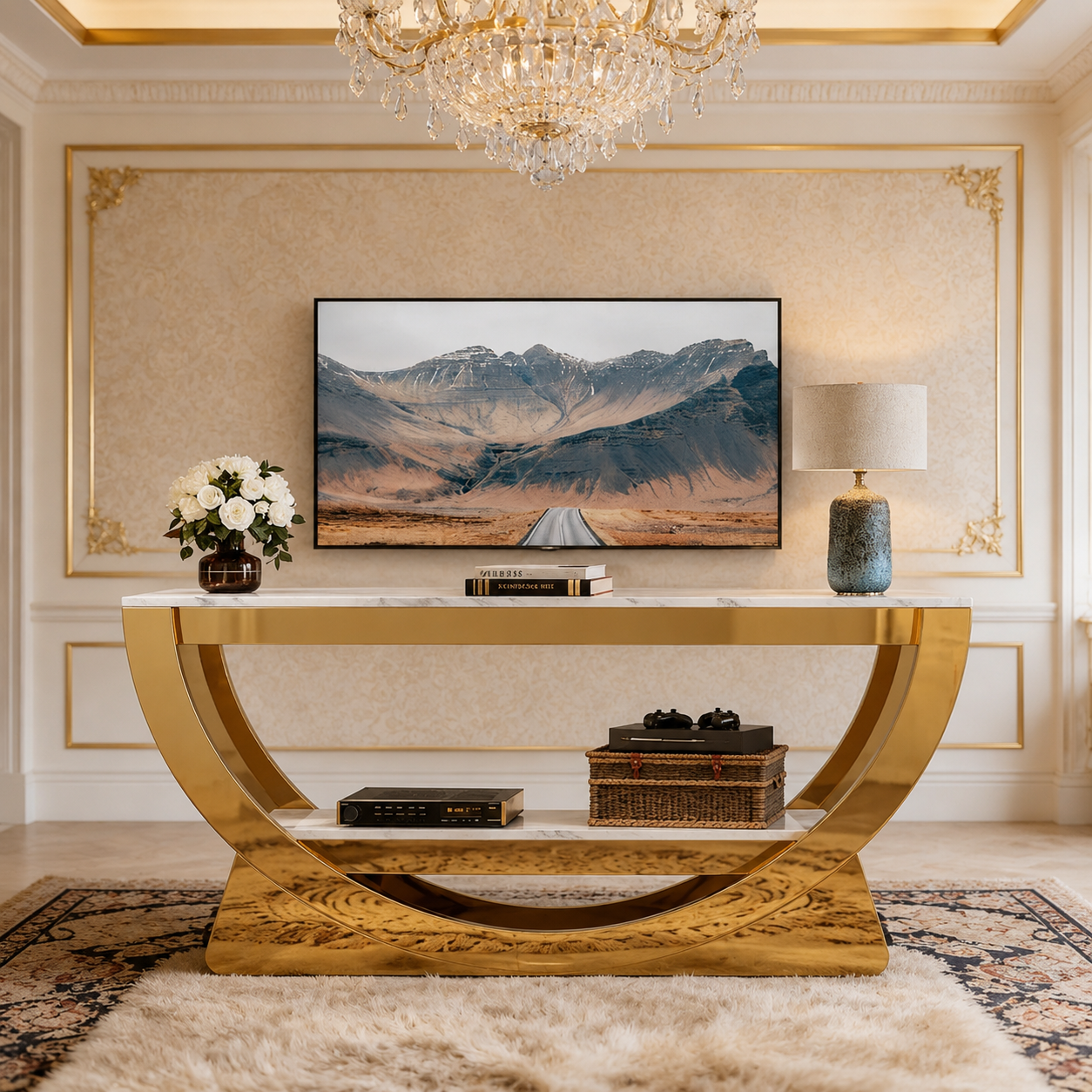 Contemporary Gold Stainless Steel Curved Boat-Base Console Table