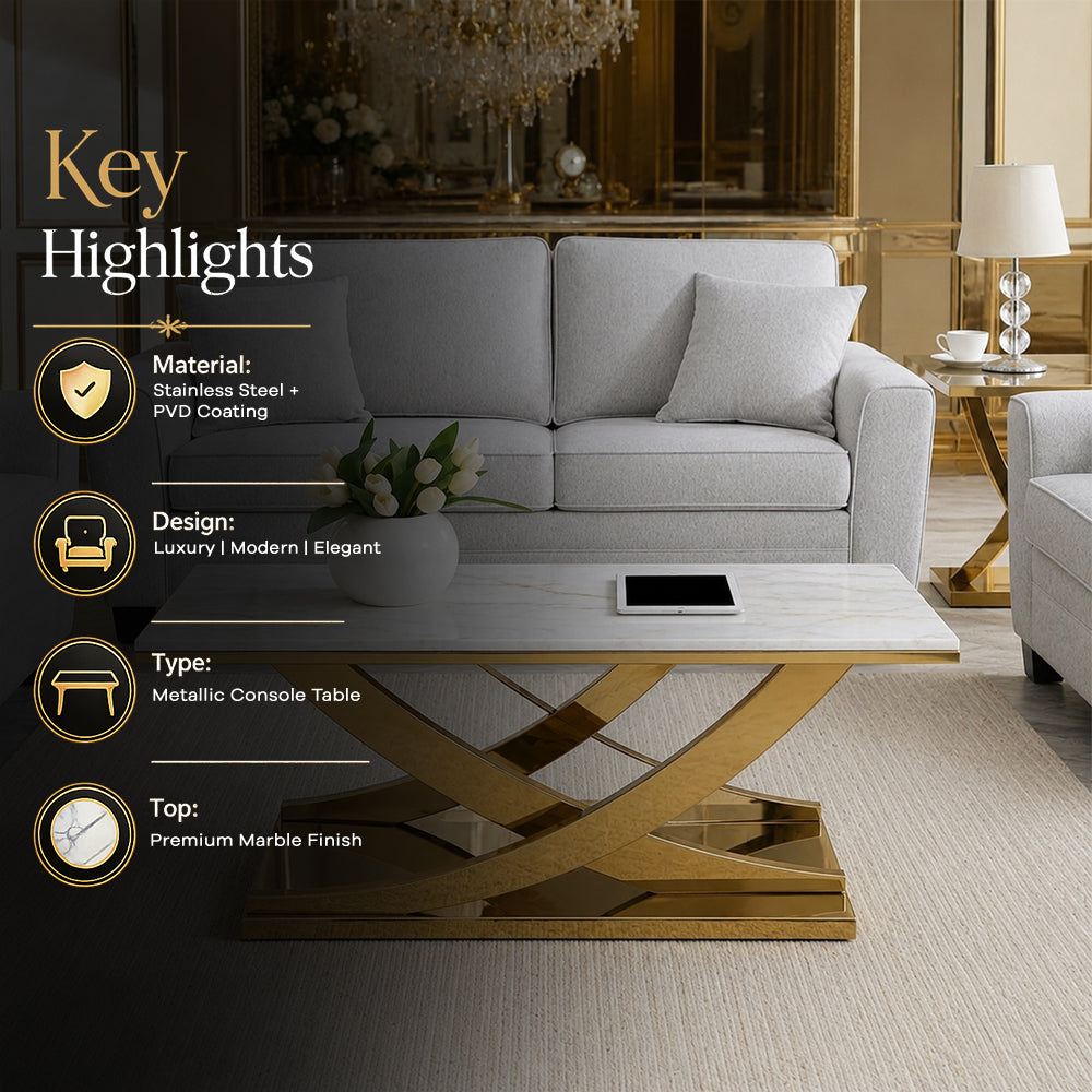 Modern Intersecting Wave Gold SS Center Table with Marble Top