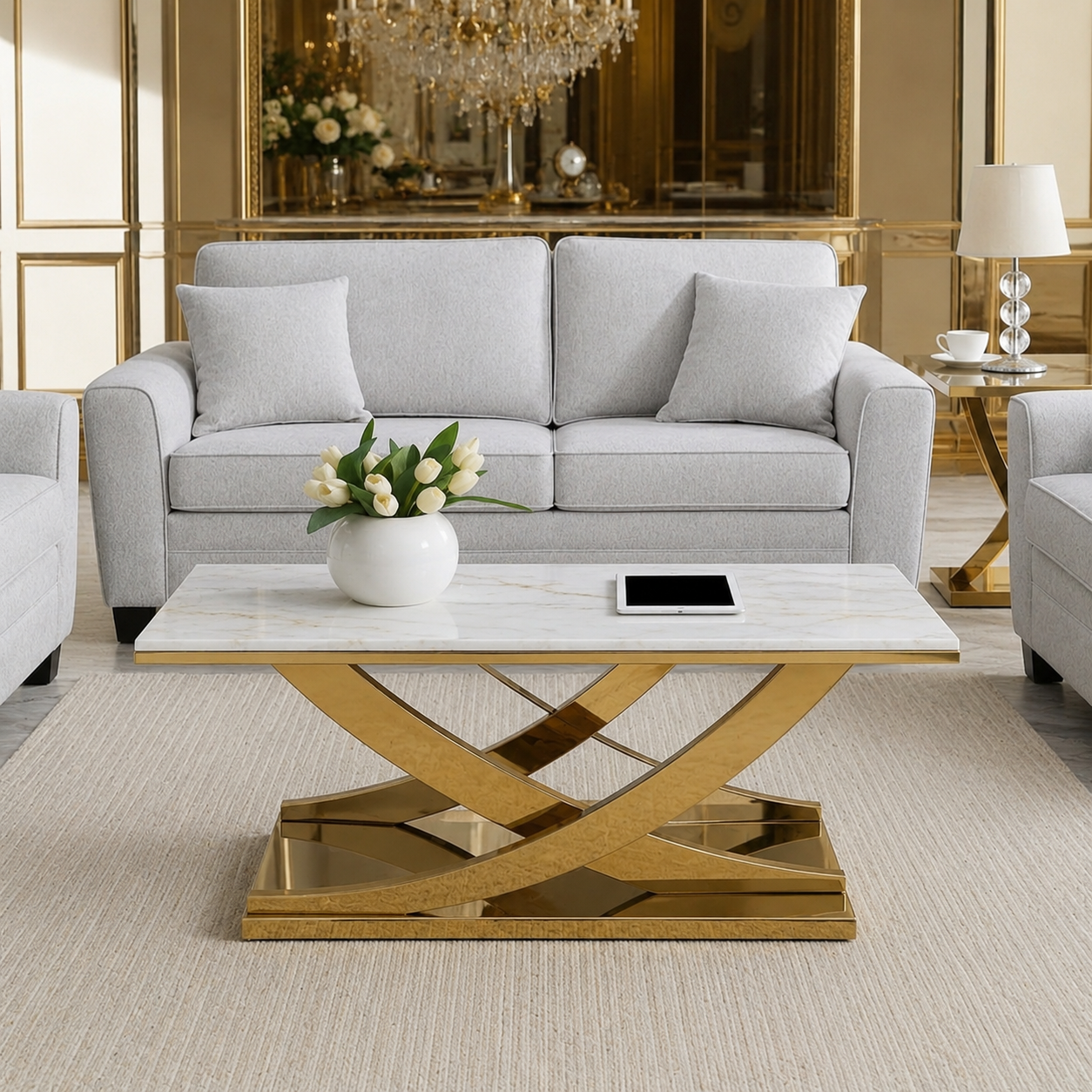 Modern Intersecting Wave Gold SS Center Table with Marble Top