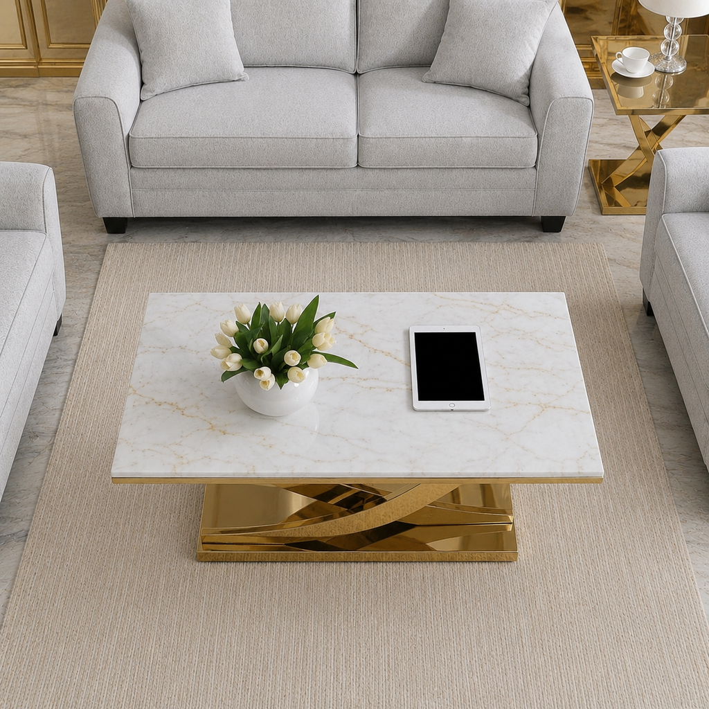 Modern Intersecting Wave Gold SS Center Table with Marble Top