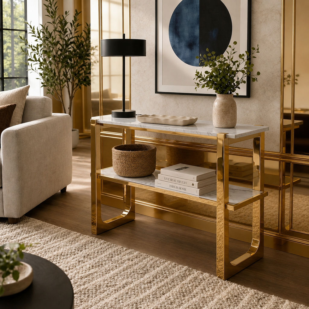 Modern Geometric Multi-Layer Gold SS Console Table