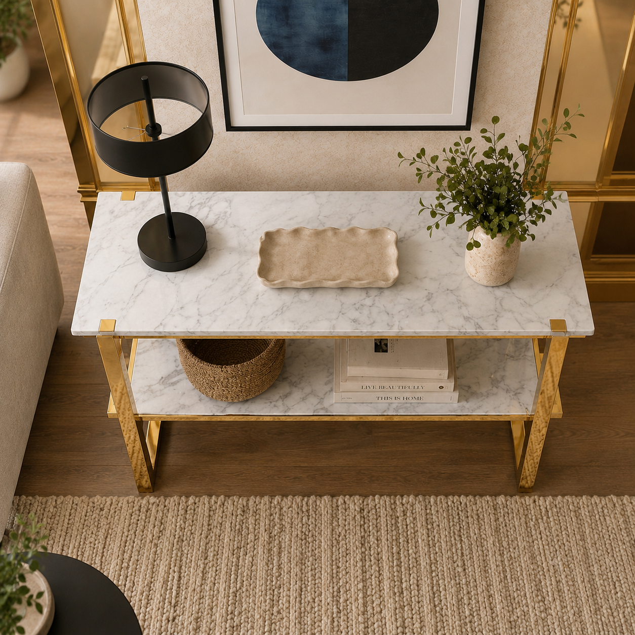 Modern Geometric Multi-Layer Gold SS Console Table