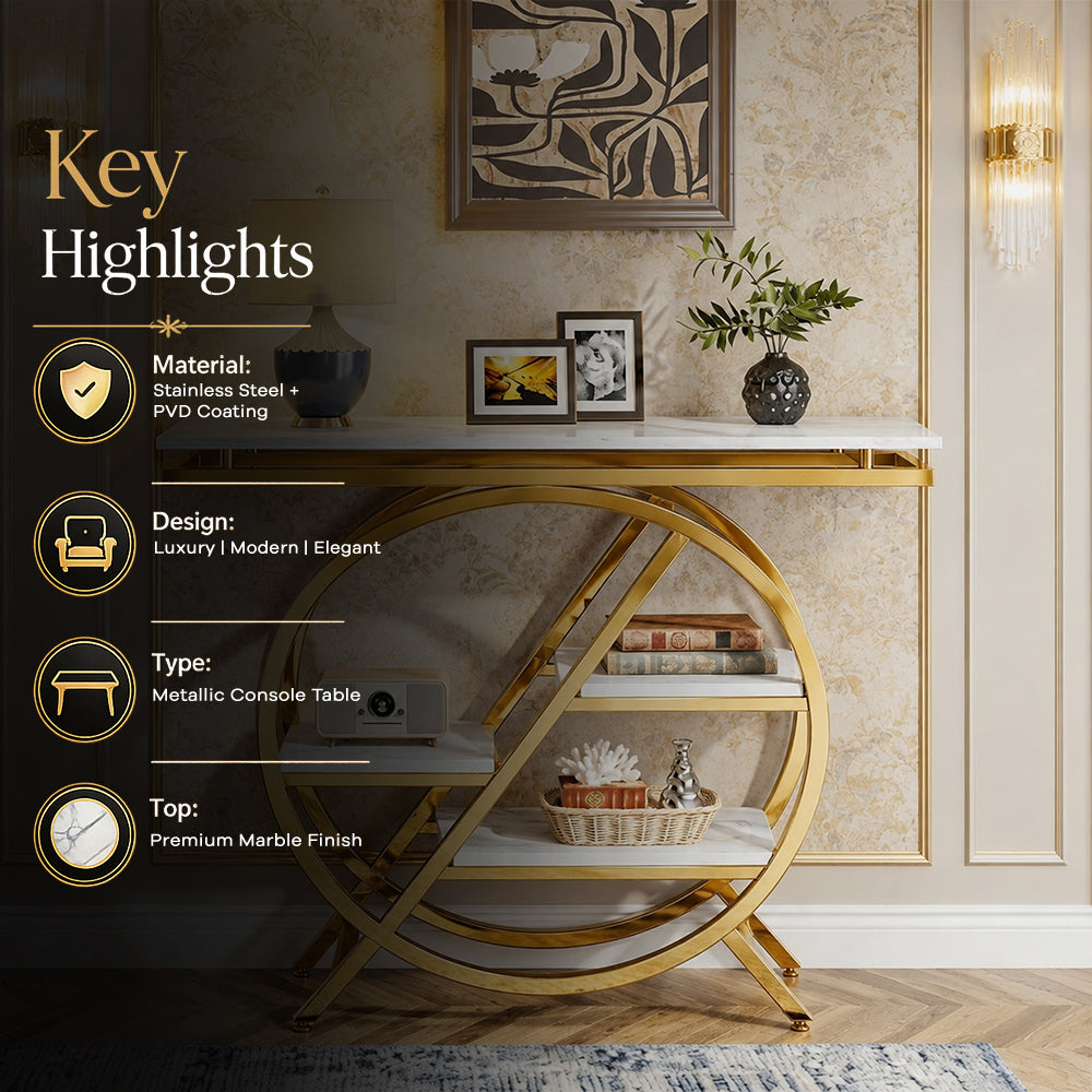 Premium Gold Stainless Steel Round Geometric Display Console Table