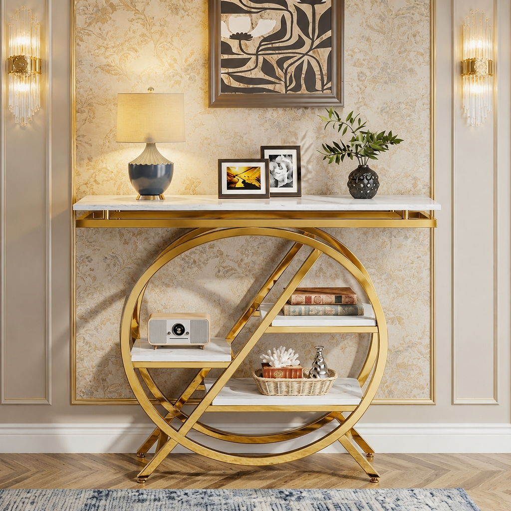 Premium Gold Stainless Steel Round Geometric Display Console Table