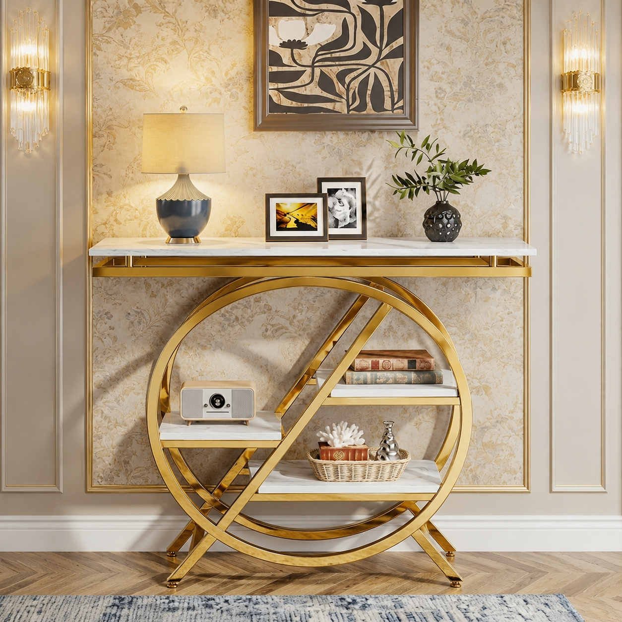 Premium Gold Stainless Steel Round Geometric Display Console Table