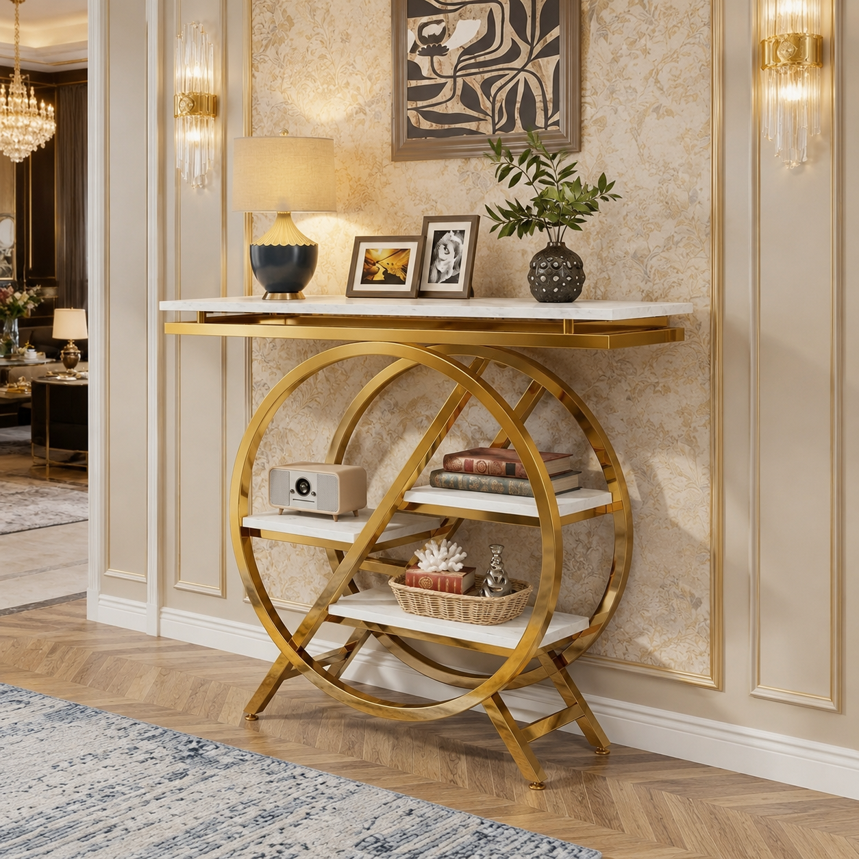 Premium Gold Stainless Steel Round Geometric Display Console Table