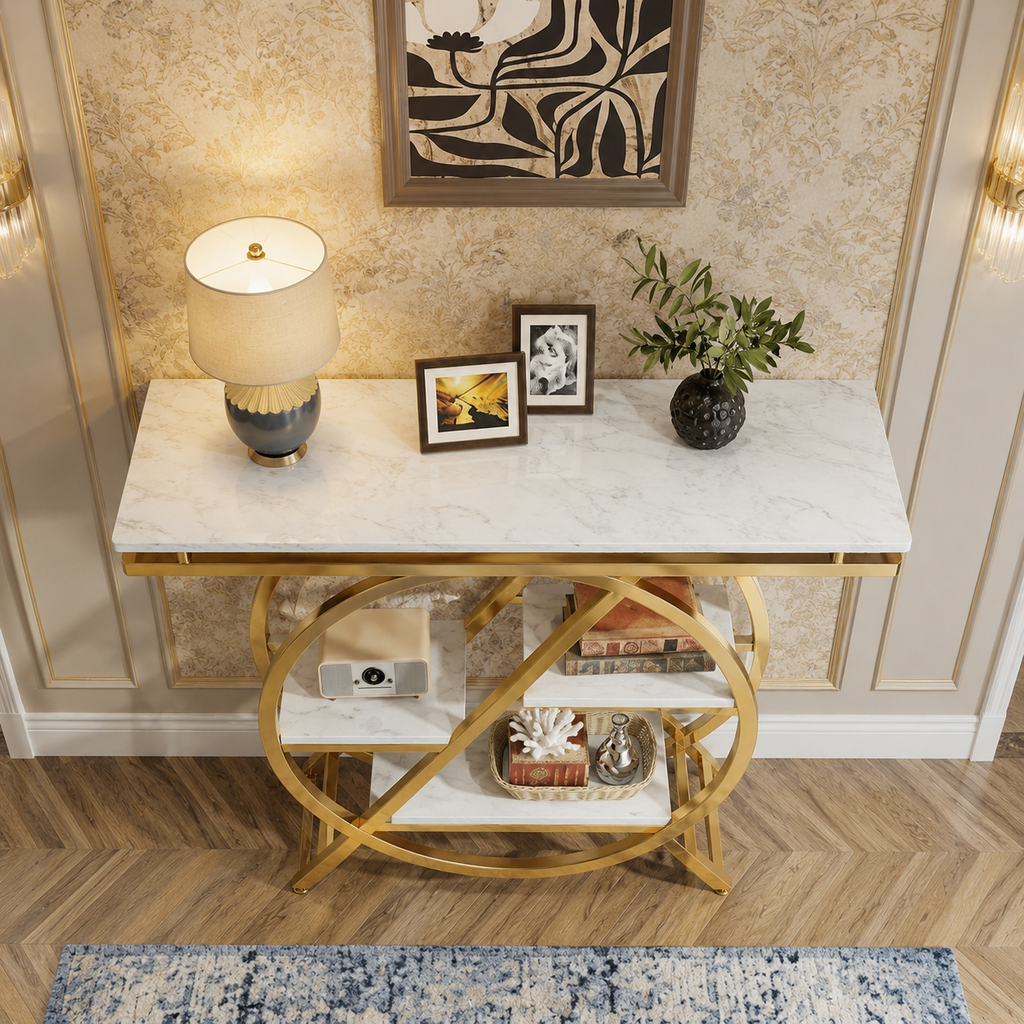 Premium Gold Stainless Steel Round Geometric Display Console Table