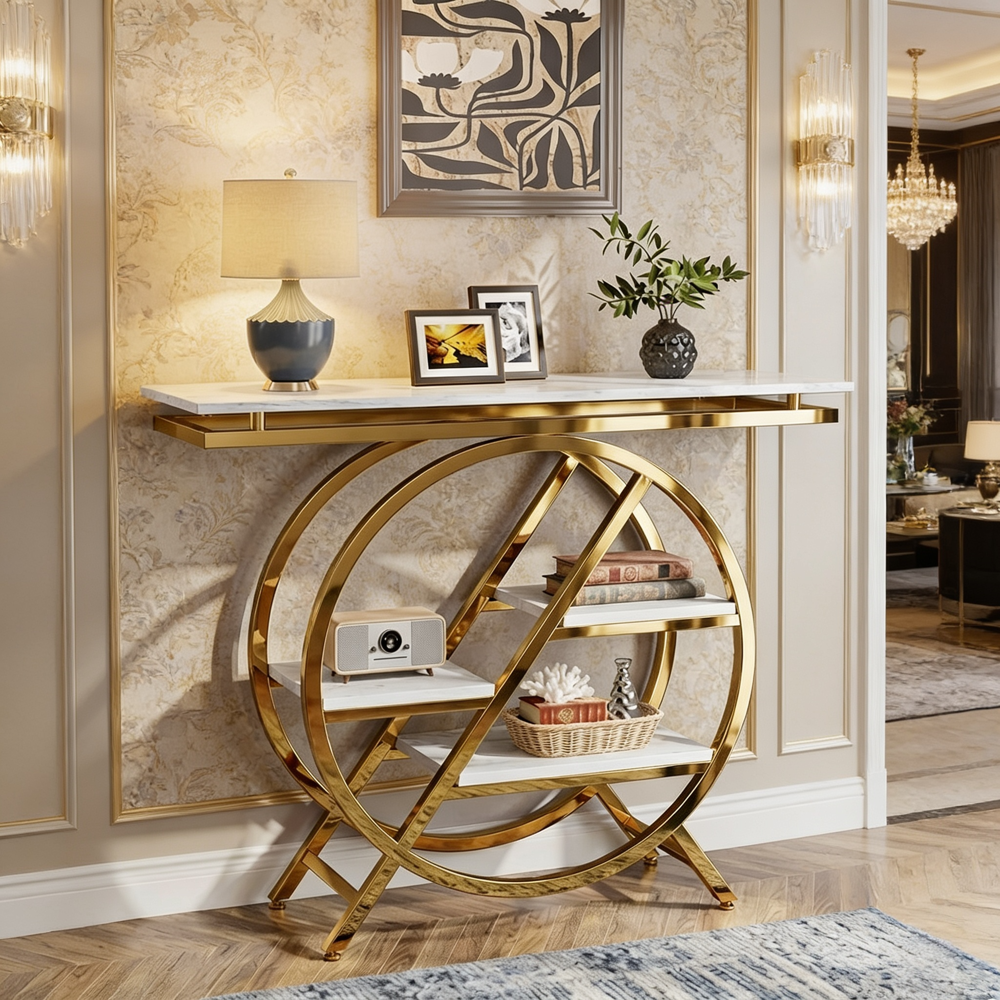 Premium Gold Stainless Steel Round Geometric Display Console Table
