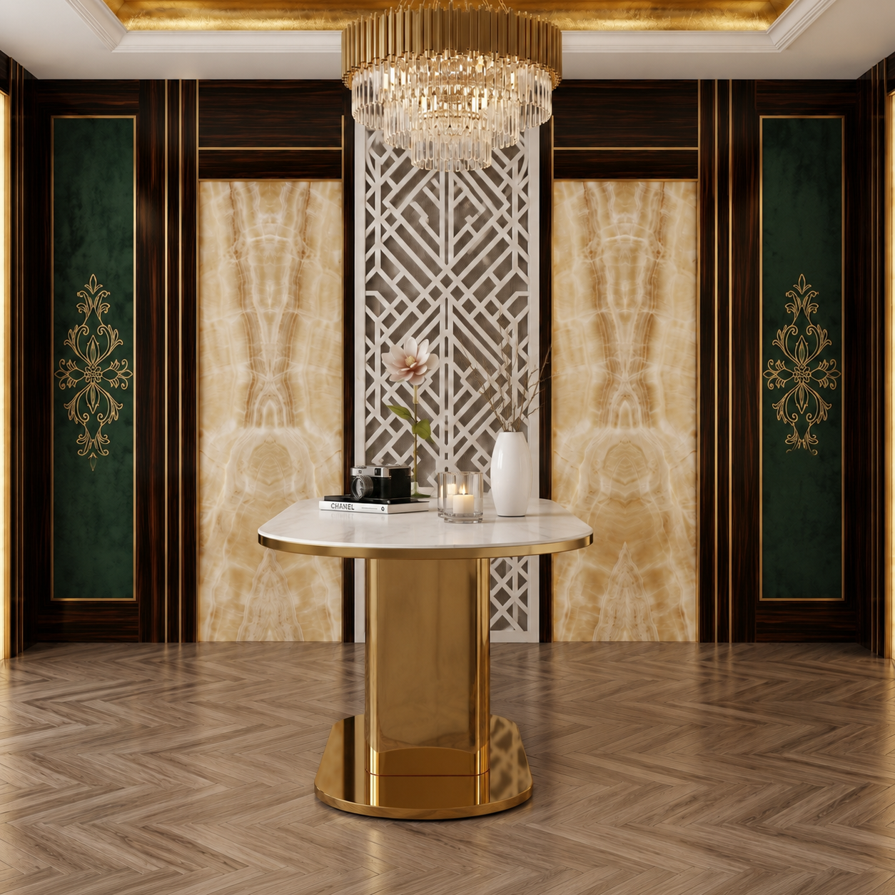Elegant Pill-Shaped Gold Metal Luxury Statement Table