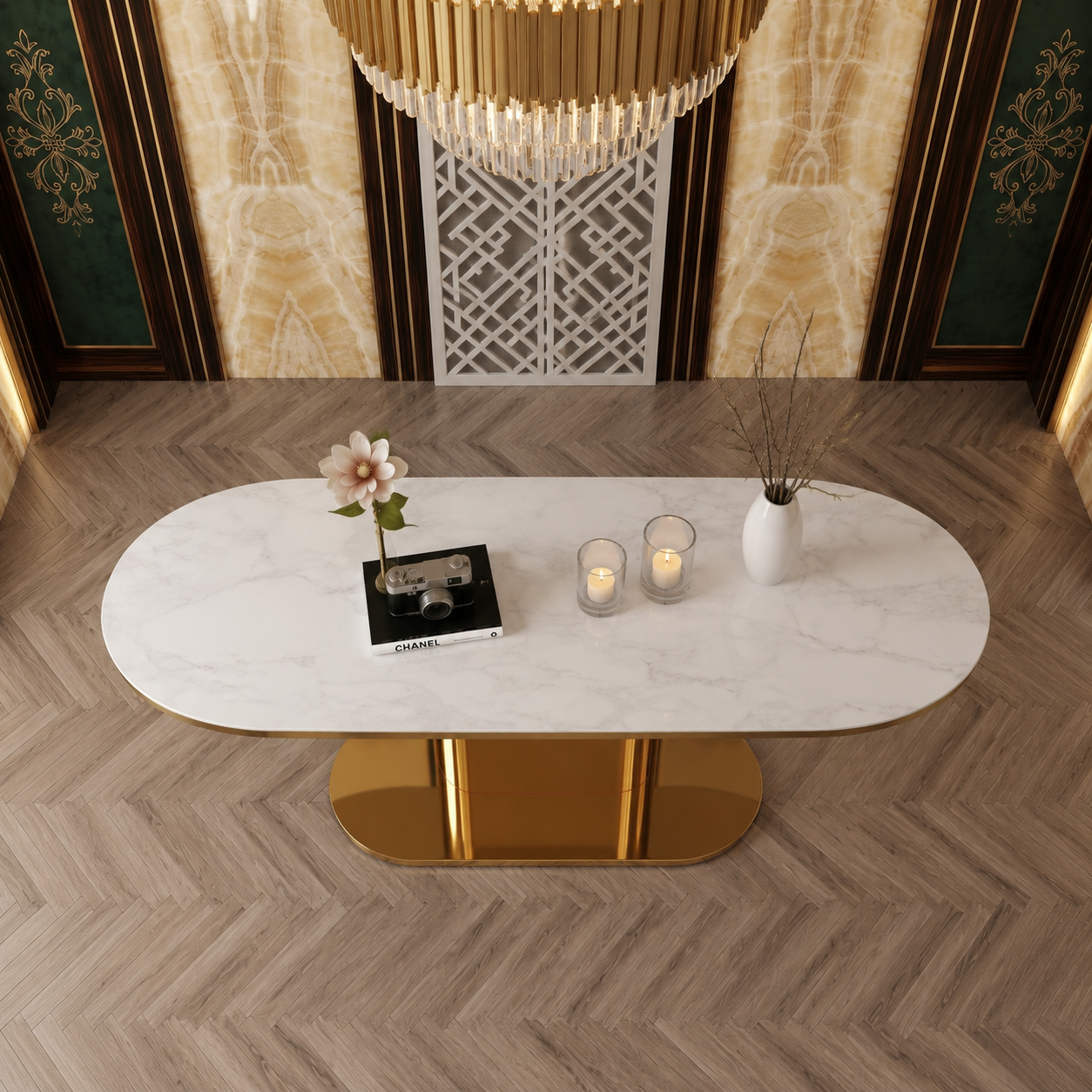 Elegant Pill-Shaped Gold Metal Luxury Statement Table
