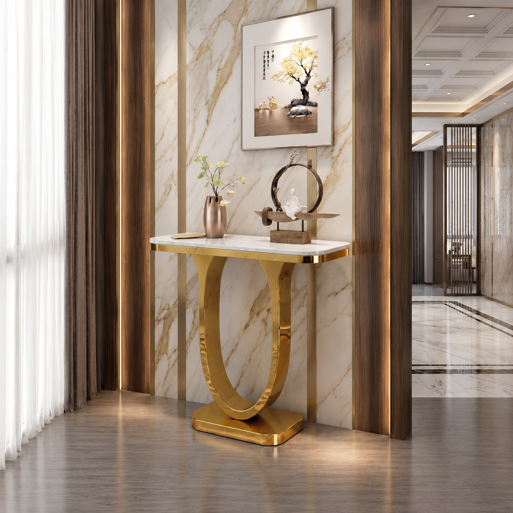Premium Gold Stainless Steel Curved Pedestal Entryway Table