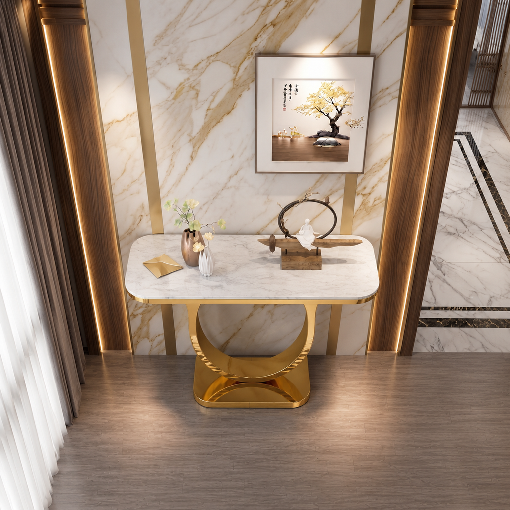 Premium Gold Stainless Steel Curved Pedestal Entryway Table