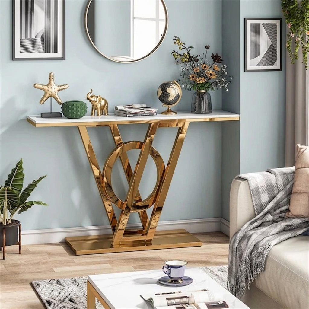 Elegant Ring and Triangle Pedestal Gold Metal Statement Table