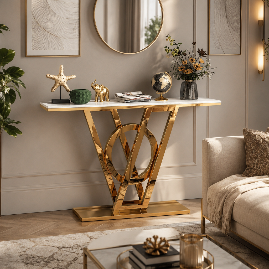 Elegant Ring and Triangle Pedestal Gold Metal Statement Table