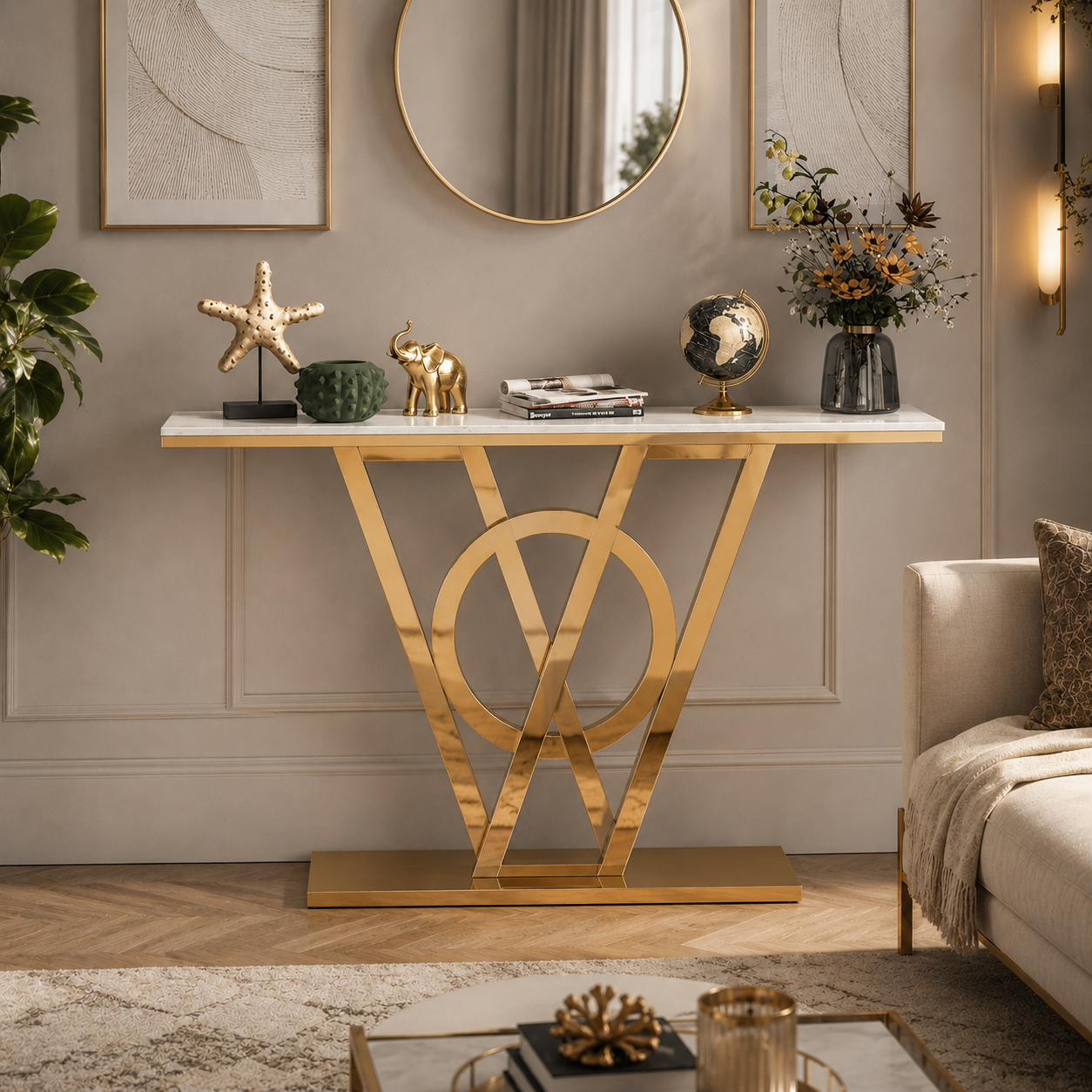 Elegant Ring and Triangle Pedestal Gold Metal Statement Table