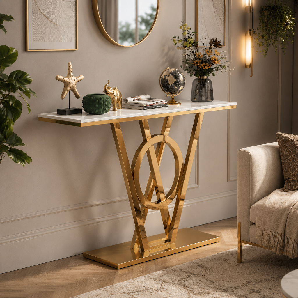 Elegant Ring and Triangle Pedestal Gold Metal Statement Table
