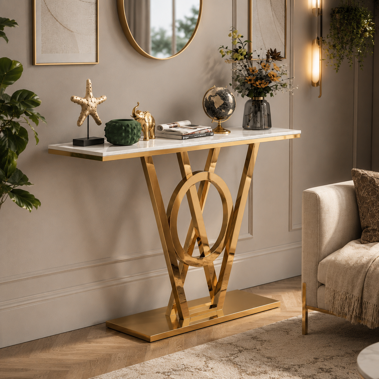 Elegant Ring and Triangle Pedestal Gold Metal Statement Table