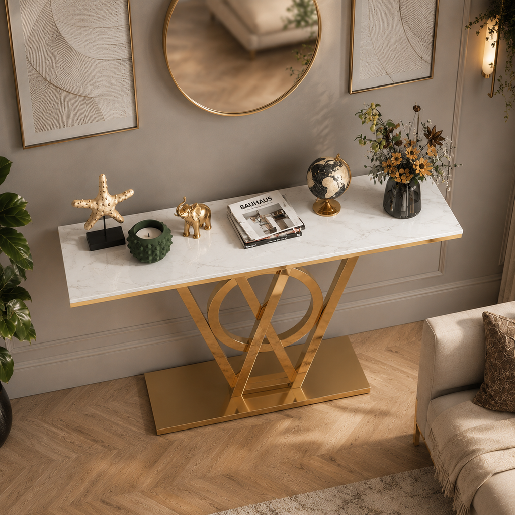 Elegant Ring and Triangle Pedestal Gold Metal Statement Table